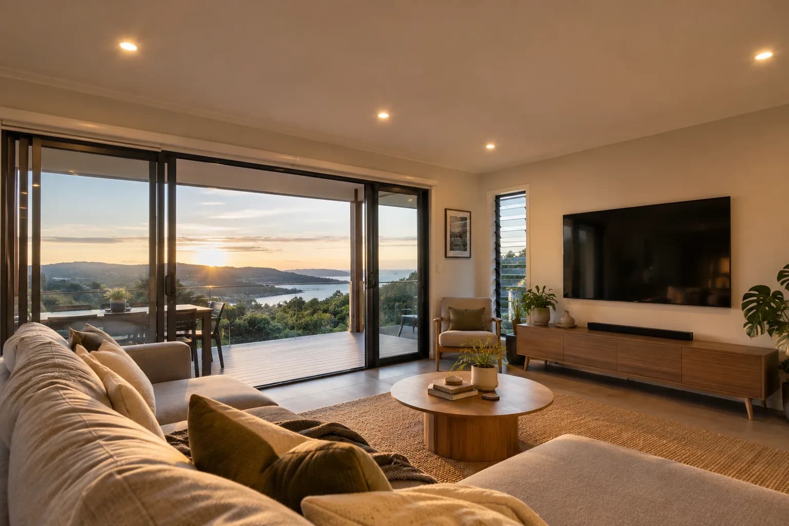 Warm LED downlights illuminate a comfortable living room overlooking a harbour at sunset.