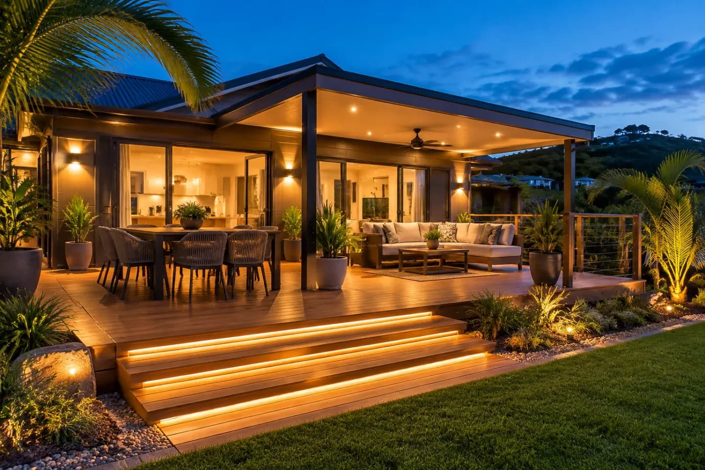Modern home at twilight with warm outdoor wall lights, illuminated deck steps and garden lighting.